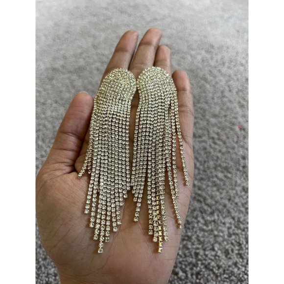 Large clear earrings fringe gold tone  bridal  big , oversized crystal earrings - Picture 6 of 9